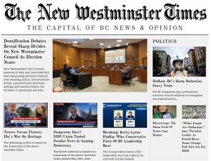 Front page mockup of The New Westminster Times with a center council meeting photo and Politics thumbnails on the right.