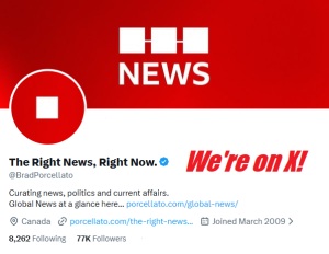 Twitter header for The Right News, Right Now with red gradient banner, logo, and 'We're on X!' slogan